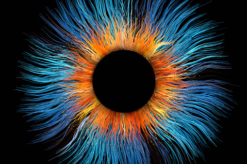 Abstract blue-orange iris, CGI.