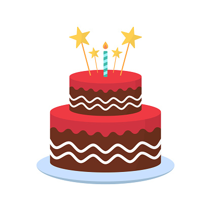 Delicious Cake with Candles for Birthday Party. Cute Cake with Icing Cream on Plate for Birthday, Anniversary, Wedding. Colorful Sweet Tasty Bakery. Isolated Vector Illustration.