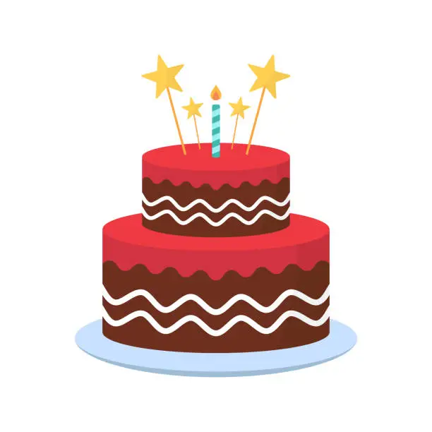 Vector illustration of Delicious Cake with Candles for Birthday Party. Cute Cake with Icing Cream on Plate for Birthday, Anniversary, Wedding. Colorful Sweet Tasty Bakery. Isolated Vector Illustration