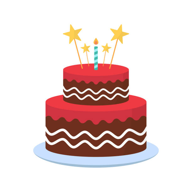 delicious cake with candles for birthday party. cute cake with icing cream on plate for birthday, anniversary, wedding. colorful sweet tasty bakery. isolated vector illustration - 生日蠟燭 圖片 幅插畫檔、美工圖案、卡通及圖標