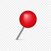 istock Pushpin with Metal Needle and Red head. Plastic Circle Push Pin on Transparent Background. Office Thumbtack for Notice Board and Attach Paper on Wall. Isolated Vector Illustration 1349637377