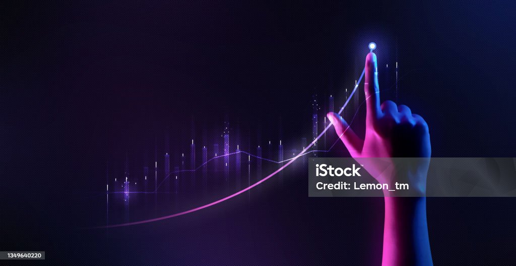 Businessman hand pointing finger to growth success finance business chart of metaverse technology financial graph investment diagram on analysis stock market background with digital economy exchange. Technology Stock Photo