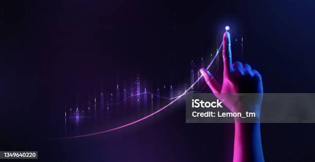 Businessman Hand Pointing Finger To Growth Success Finance Business Chart Of Metaverse Technology Financial Graph Investment Diagram On Analysis Stock Market Background With Digital Economy Exchange Stock Photo - Download Image Now