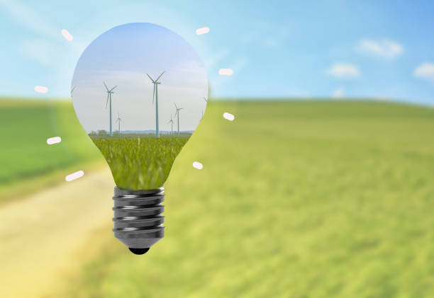 Light bulb with a wing generators producing energy. Meadow in background. Concept for pollution, climate change, global warming, green energy, clean energy. metal resources