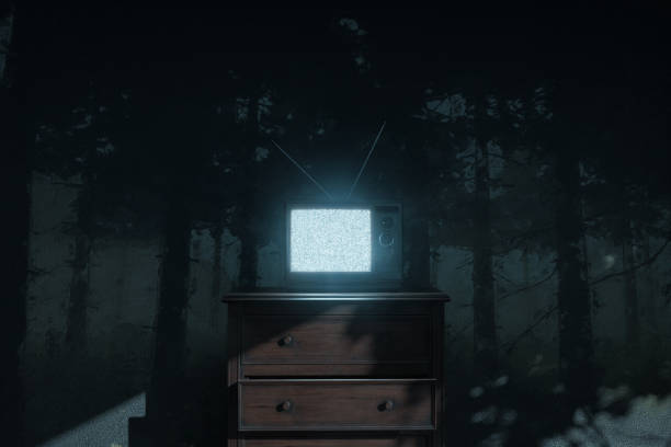 istock 3d rendering of a haunted room with an old television with bright static screen 1349643464
