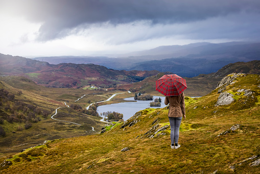 A tourist woman with a scotish pattern umbrella enjoys the view over the highlands to Lock Knokie in Scotland during autumn time