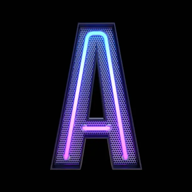 Photo of Neon retro Light Alphabet letter A isolated on a black background with Clipping Path. 3d illustration.