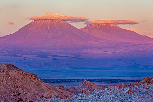 Volcanos Licancabur and Juriques at sunset - Atacama desert near San Pedro (chile)