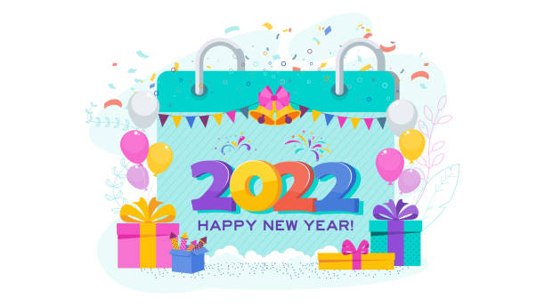 ilustrações de stock, clip art, desenhos animados e ícones de 2022 greeting card. huge gift box, christmas tree, garland hangs. - confetti new years day new year christmas