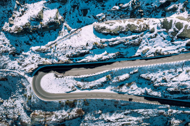 Aerial view on winding roads of Grimsel Pass, Alps Mountains, Switzerland Drone view on winding roads of Grimsel Pass, Alps Mountains, Switzerland grimsel pass photos stock pictures, royalty-free photos & images
