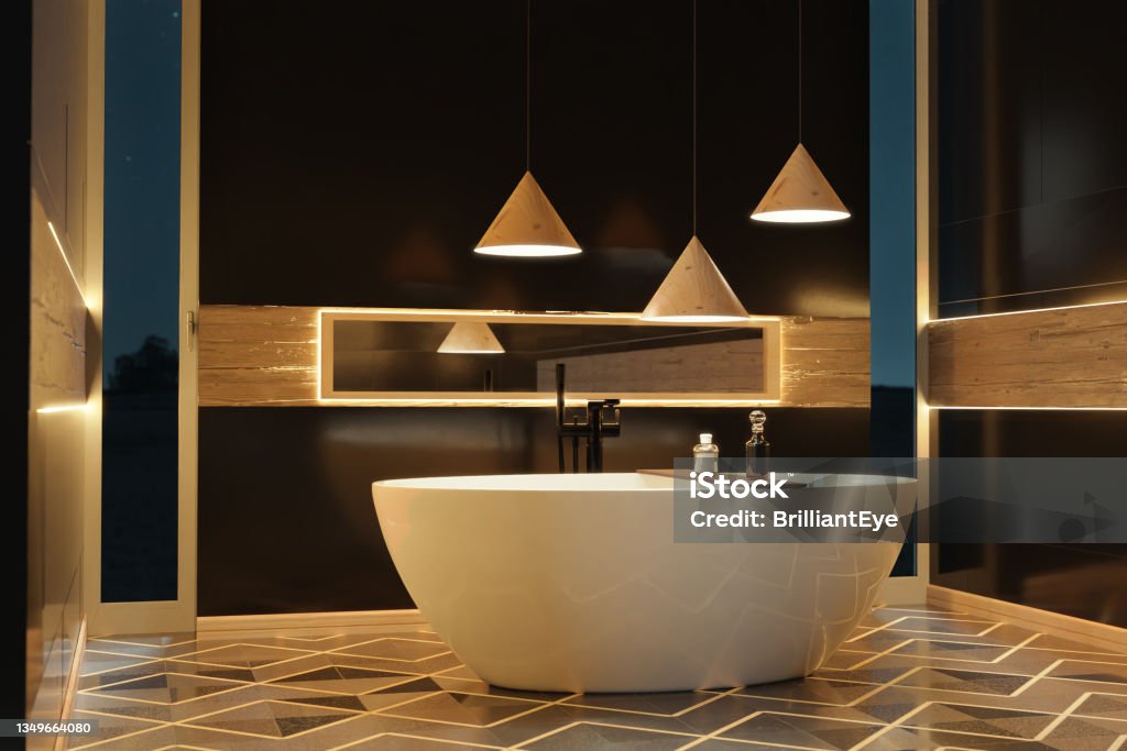 3d rendering of precious black bathroom with illuminated led lights and hardwood details Domestic Bathroom Stock Photo