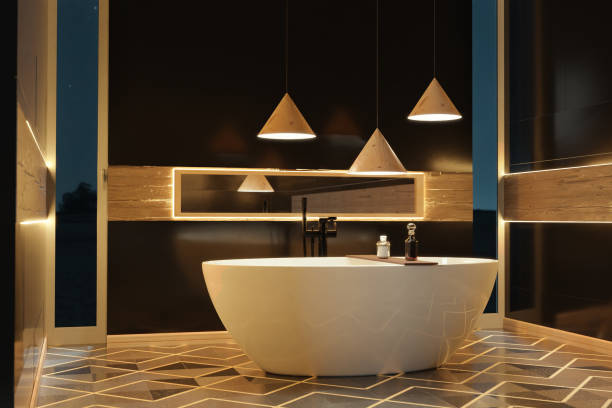 3d rendering of precious black bathroom with illuminated led lights and hardwood details stock photo
