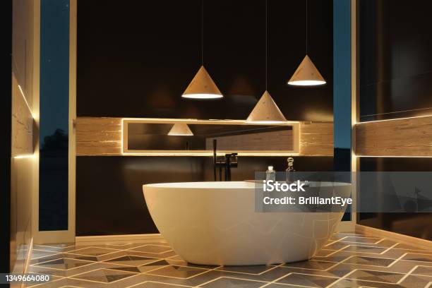 3d Rendering Of Precious Black Bathroom With Illuminated Led Lights And Hardwood Details Stock Photo - Download Image Now