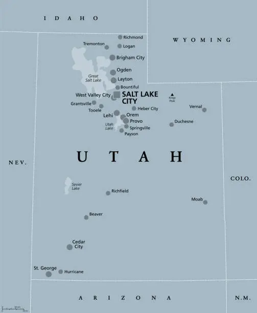 Vector illustration of Utah, UT, gray political map, US state, nicknamed Beehive State