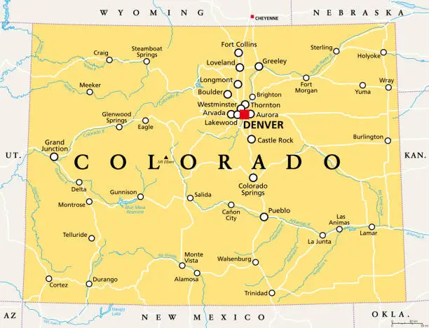 Vector illustration of Colorado, CO, political map, US state, nicknamed The Centennial State