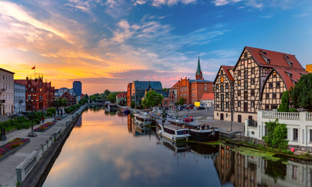 Old Town and Brda River at sunrise in Bydgoszcz, Poland stock photo