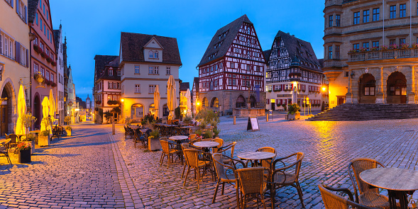 Night panorama of Market square in medieval Old Town of Rothenburg ob der Tauber, Bavaria, southern Germany