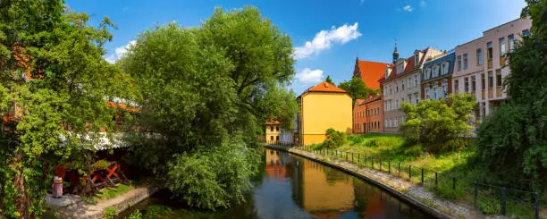 Panorama of sunny Mill Island in Old town of Bydgoszcz, Poland