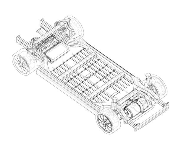 Electric Car Chassis with battery. Vector Electric Car Chassis with battery. Vector rendering of 3d. Wire-frame style. The layers of visible and invisible lines are separated. Orthography or isometric chassis stock illustrations