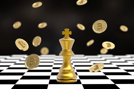 King chess coin in the middle of Bitcoin showering - Investment king