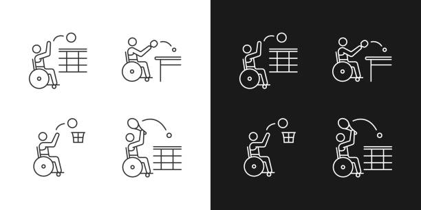 illustrations, cliparts, dessins animés et icônes de icônes linéaires de sports adaptés en fauteuil roulant définies pour les modes sombre et clair - silhouette interface icons wheelchair icon set