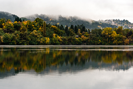 Landscape of Pancharevo lake on a rainy autumn day