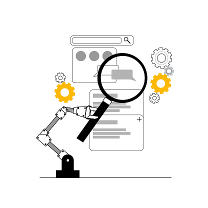 A robotic arm with a magnifying glass searches for bugs in a mobile application. Vector illustration on the topic of mobile development and testing.