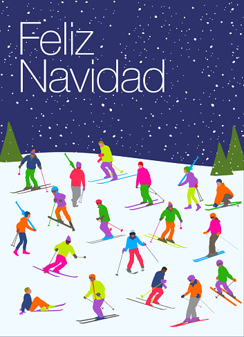 Seasonal winter scene of people playing in the snow with Spanish language Feliz Navidad. Feliz Navidad - Short Phrase, Spain, Spanish Culture,. Skiing, snowball fight, sledge rides, Merry Christmas.