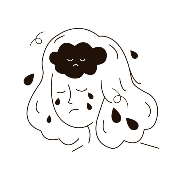 Crying woman in depression with depressive thoughts in mind. Girl cry because of obsessive compulsive and ADHD. Anxiety disorder, depression and mixed emotions Crying woman in depression with depressive thoughts in mind. Girl cry because of obsessive compulsive and ADHD. Anxiety disorder, depression and mixed emotions. Mental health help.Vector illustration drawing of the how to draw a crying face stock illustrations