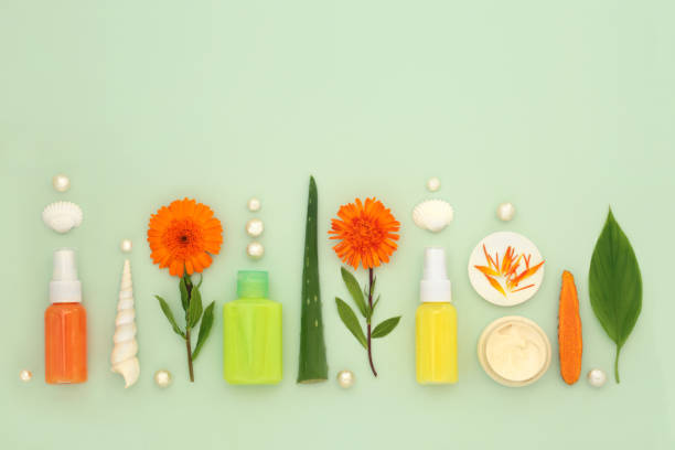 Natural Skincare Organic Healing Beauty Treatment Natural healing skincare beauty treatment products with aloe vera, calendula and turmeric. Anti ageing benefits. Moisturising cream and lotion. Can ease psoriasis, acne, eczema. On pastel green. sponge bath sponge nature animal stock pictures, royalty-free photos & images
