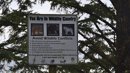 Ucluelet, British Columbia, Canada - 09-27-2021: Information sign on Wild Pacific Trail in Ucluelet, Vancouver Island, informing about rules for the handling with wildlife. Focus on sign.