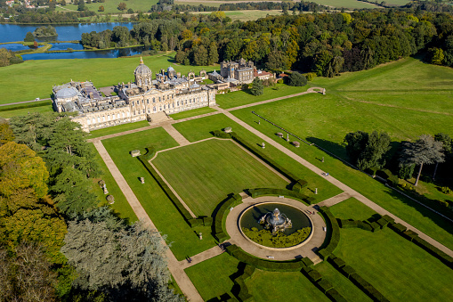 Castle Howard, York, UK - October 15, 2021.  An aerial view of the formal gardens and stately home on The  Castle Howard estate in the Howardian Hills near York, UK