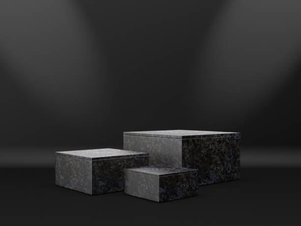 istock Black stand podium on dark background. Realistic dark platform 1349691080