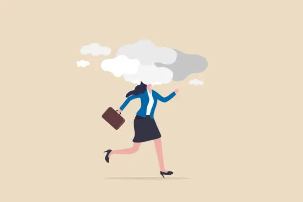 Vector illustration of Brain fog causing mental problem or struggle, work anxiety or stress make confusion or depression concept, confused office businesswoman walking with brain fog, smoke or cloud covered her head.