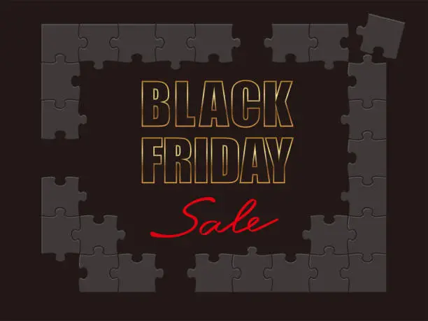 Vector illustration of Black Friday Sale Vector Frame Made Of Jig-Saw Puzzle Pieces On A Black Background.