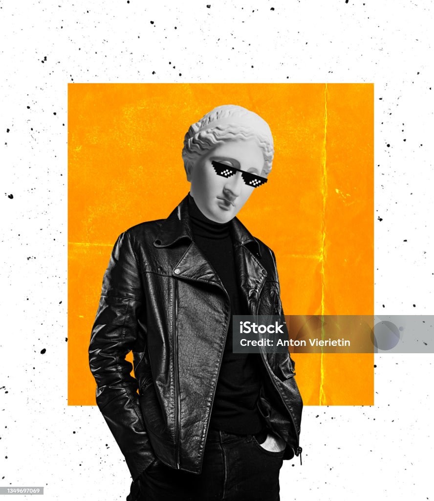 Contemporary art collage of man with antique statue head in pixel glasses isolated over orange white background Contemporary art collage of man with antique statue head in pixel glasses isolated over orange white background. Concepr of art, fashion, surreealism, creativity, conceptual art. Copy space for ad Composite Image Stock Photo