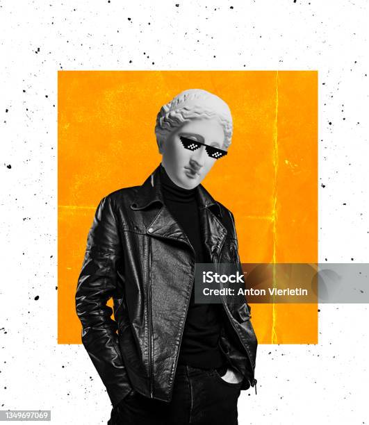 Contemporary Art Collage Of Man With Antique Statue Head In Pixel Glasses Isolated Over Orange White Background Stock Photo - Download Image Now