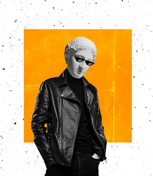 Contemporary art collage of man with antique statue head in pixel glasses isolated over orange white background. Concepr of art, fashion, surreealism, creativity, conceptual art. Copy space for ad