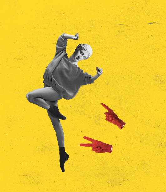 Contemporary art collage of woman, ballerina with antique statue head isolated over yellow background Classic dance aesthetics. Contemporary art collage of woman, ballerina with antique statue head isolated over yellow background. Concepr of art, fashion, surreealism, creativity, conceptual art and ad funny ballet pictures stock pictures, royalty-free photos & images