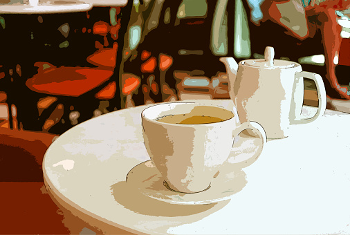 Illustration of a cup of tea with teapot on a white round table