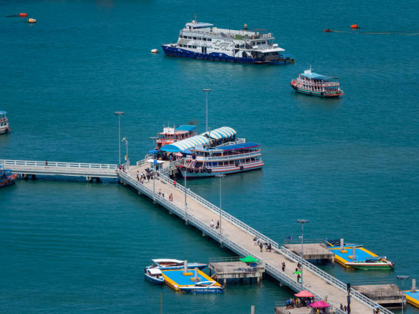 Pattaya, Thailand - October 25, 2021 : Aerial view of Bali Hai Pier from Pattaya Bay Viewpoint before opening to tourists after the Coronavirus COVID-19 epidemic is less October 25, 2021 Pattaya Thailand.
