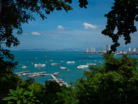 Pattaya, Thailand - October 25, 2021 : High angle view from Pattaya Bay Viewpoint before opening to tourists after the Coronavirus COVID-19 epidemic is less October 25, 2021 Pattaya Thailand.