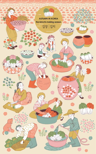 Autumn in Korea, the Kimchi-making season. Vector illustration icons set of Korean town people and family Making Kimchi. Kimchi stock illustrations