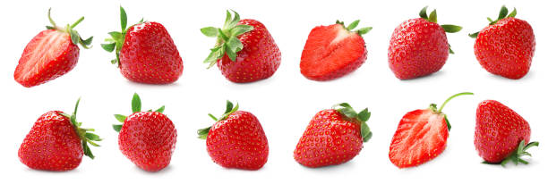 istock Set with delicious sweet strawberries on white background. Banner design 1349701241
