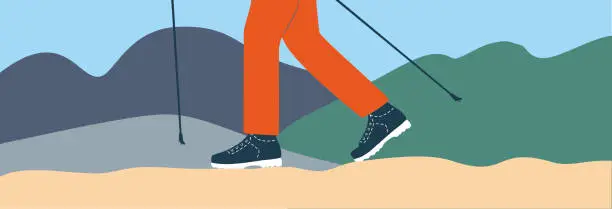 Vector illustration of Nordic walking. Trek. Hiking. Trekking. Backpacking. Hiker in hiking shoes with nordic walking sticks.