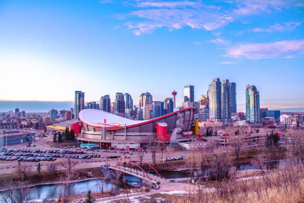 Blue toned view on Calgary at sunset