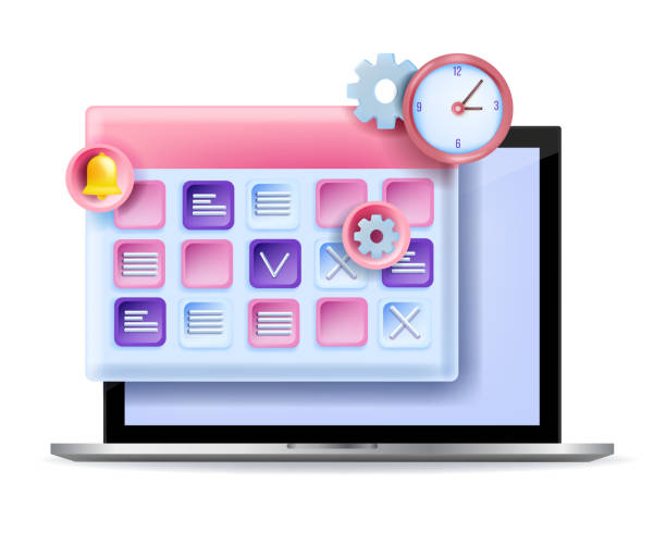 istock 3D calendar schedule planning concept, vector online event agenda illustration, laptop screen, clock. 1349704992