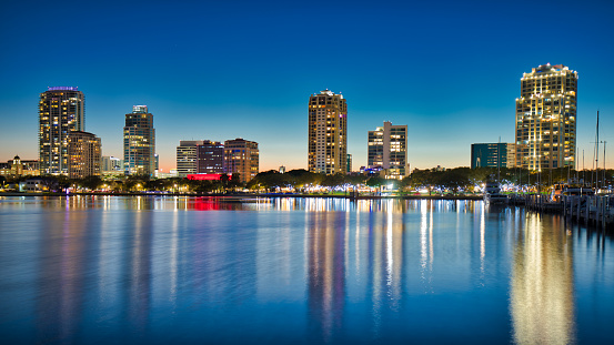 St. Petersburg, Florida skyline at dusk from across Vinoy Basin.