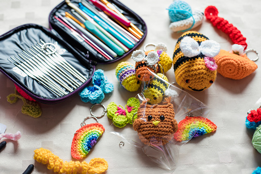 Close up of different crochet products a woman has made to sell in her store in the North East of England.
