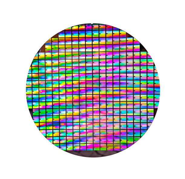 istock Silicon wafer with chips isolated on white background 1349706986